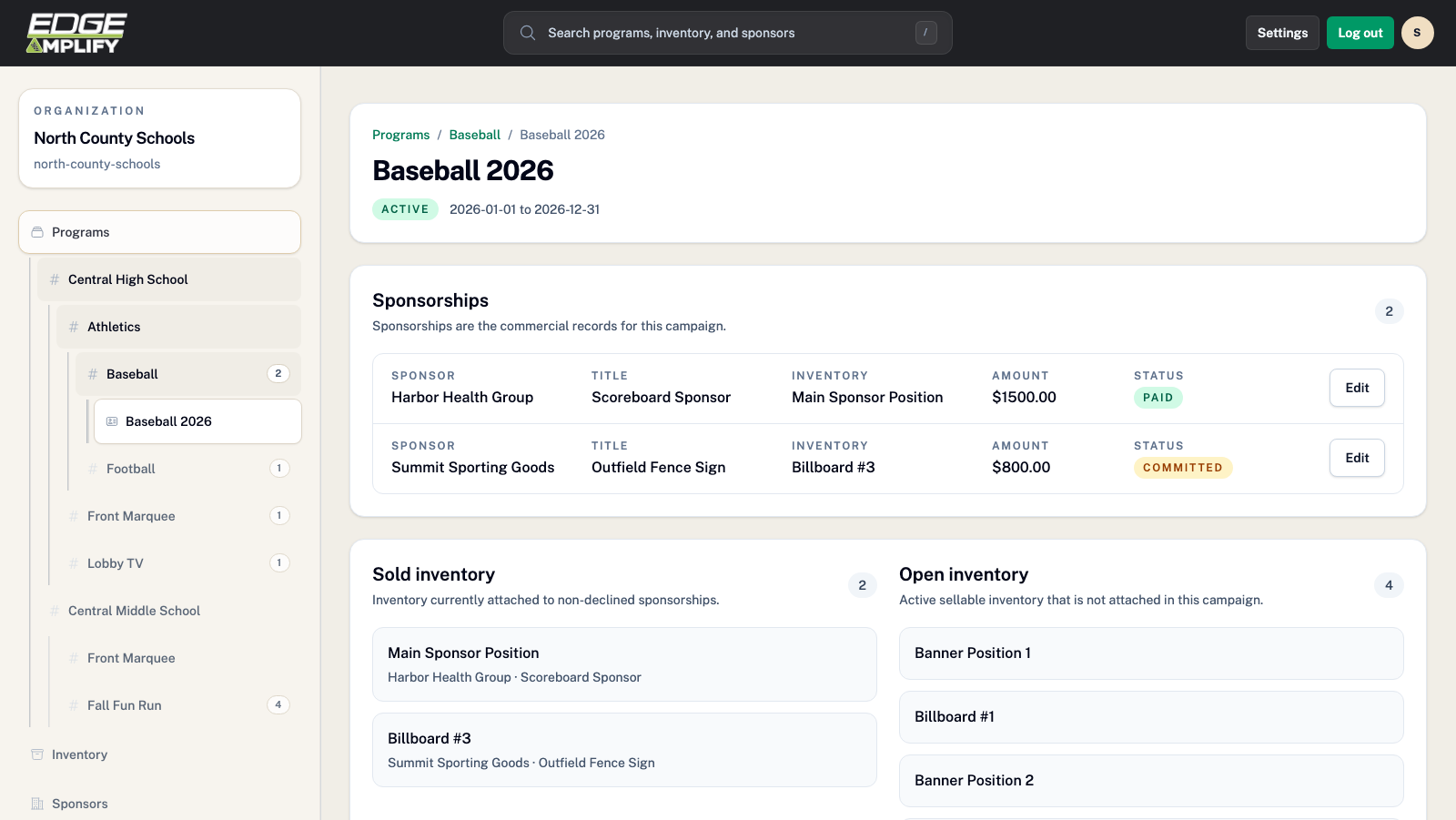 Seasons page in EdgeAmplify