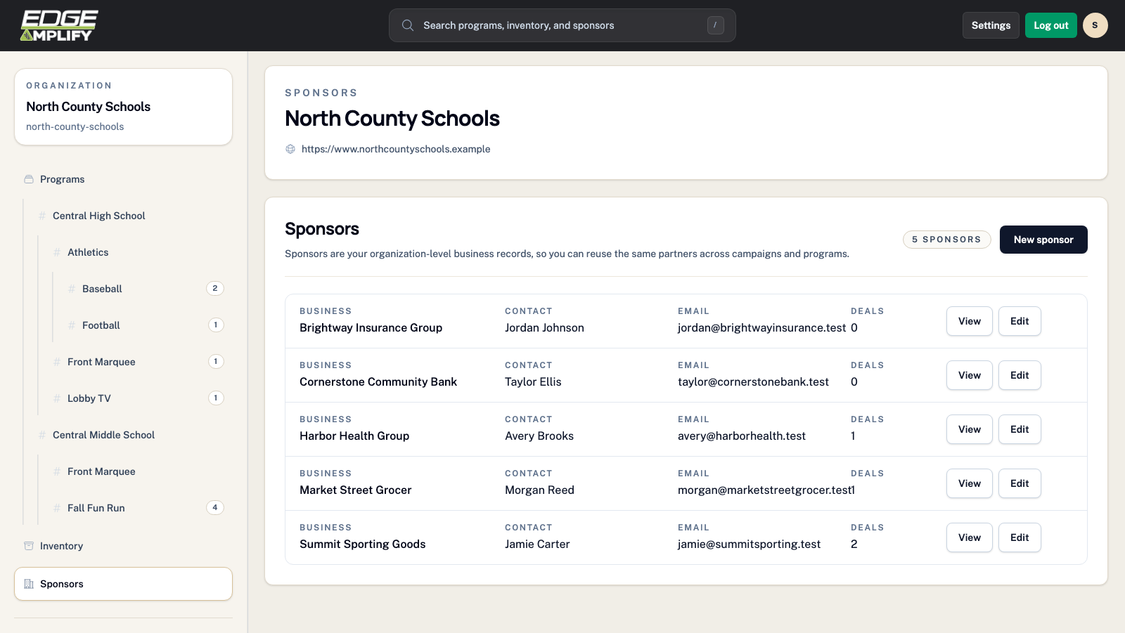 Sponsors page in EdgeAmplify
