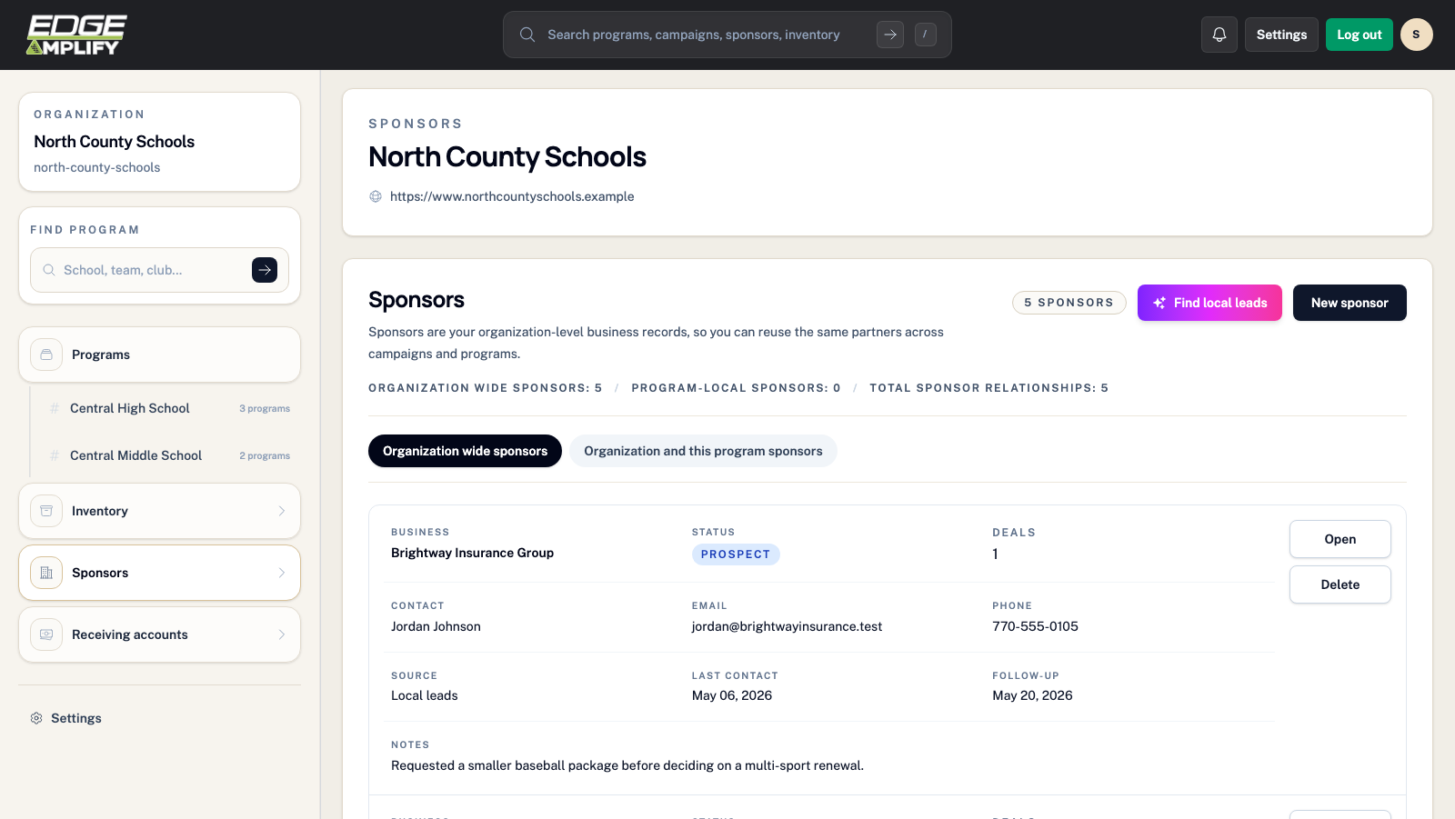 Sponsors page in EdgeAmplify